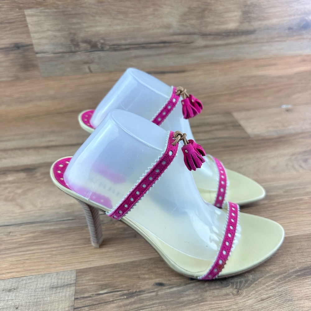 Burberry Fuchsia Pink Suede Pom Tassel Stacked Open Slide Heel Sandal